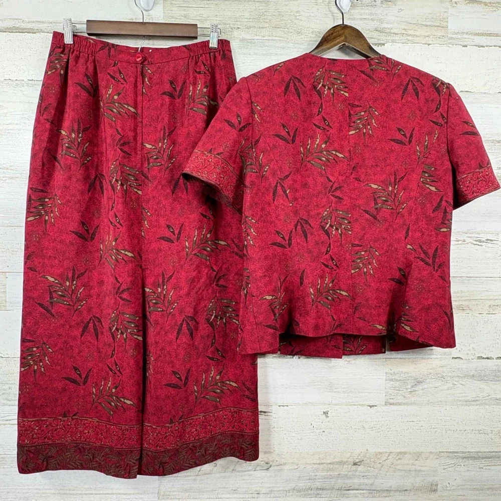 Kasper ASL Skirt Suit Women 12 Red Leaf Print Vintage 90s Rayon Whimsigoth Chic